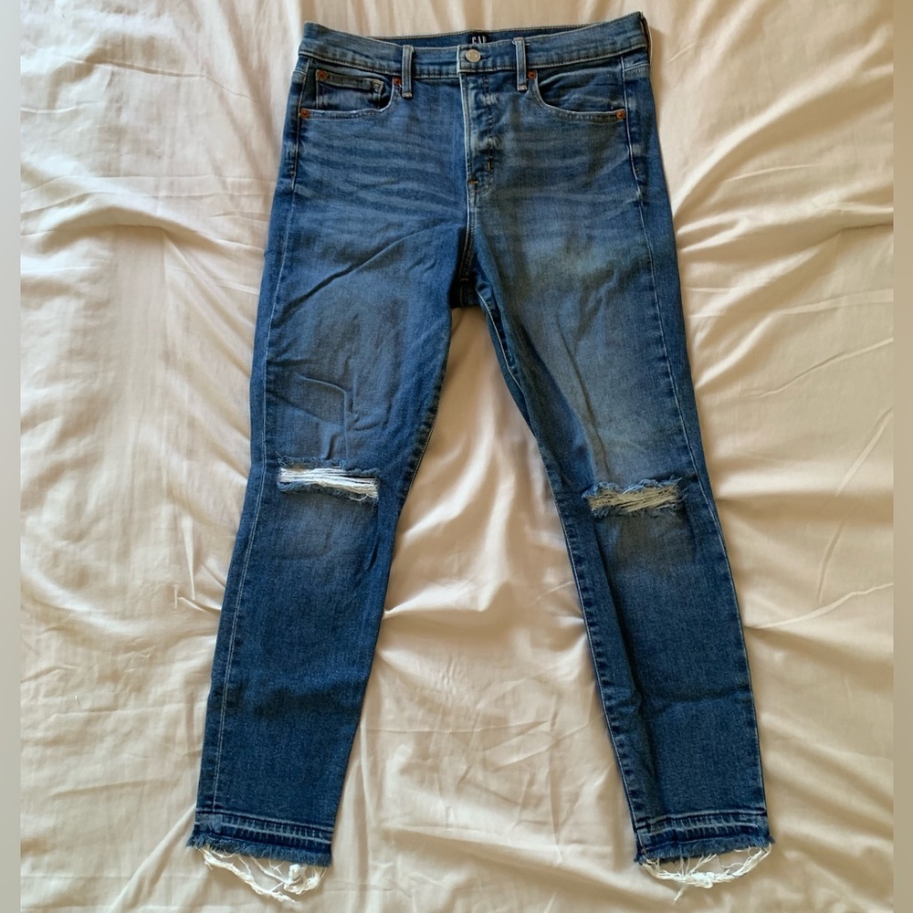 GAP High Waisted Distressed Skinny Jeans with Frayed Bottoms and Knee Slits